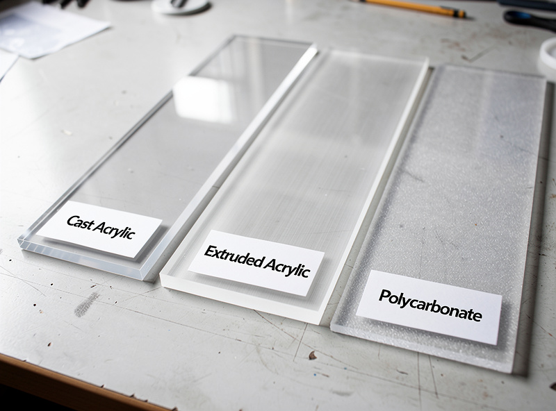 Three plastic samples on a workbench labeled cast acrylic extruded acrylic and polycarbonate showing visual similarities but different material properties