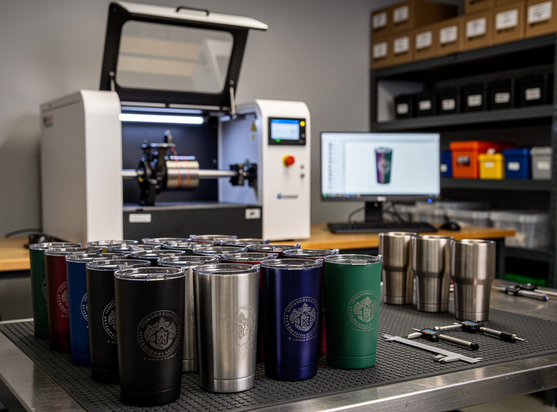 Engraved stainless tumblers production