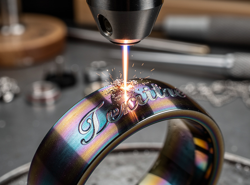 Titanium ring with heat tint engraving