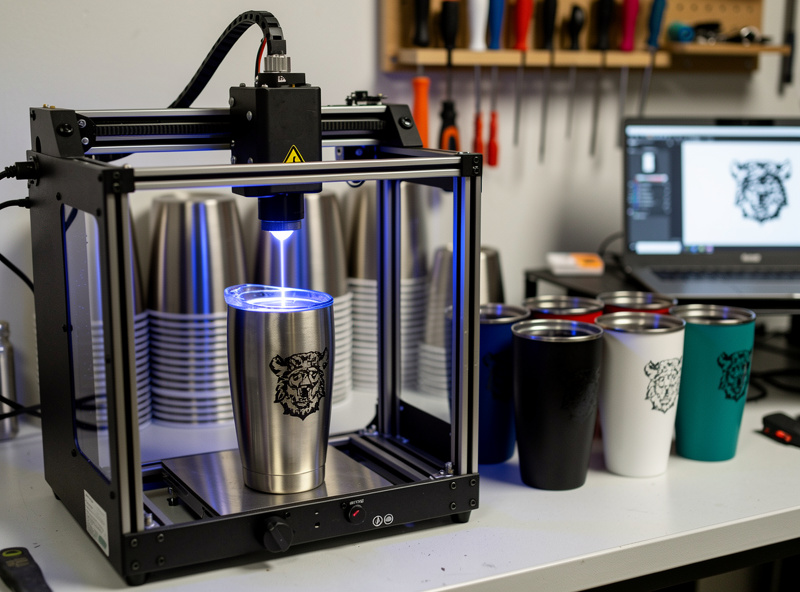 Coated tumbler engraving with budget diode