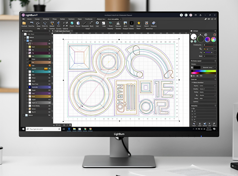 LightBurn software interface showing complex laser cutting design with vector paths visible