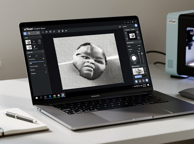 xTool Creative Space software displaying photo engraving preview with dithering pattern