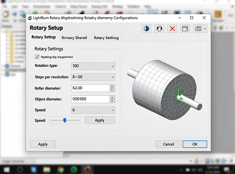 LightBurn rotary attachment configuration screen with cylindrical workpiece preview