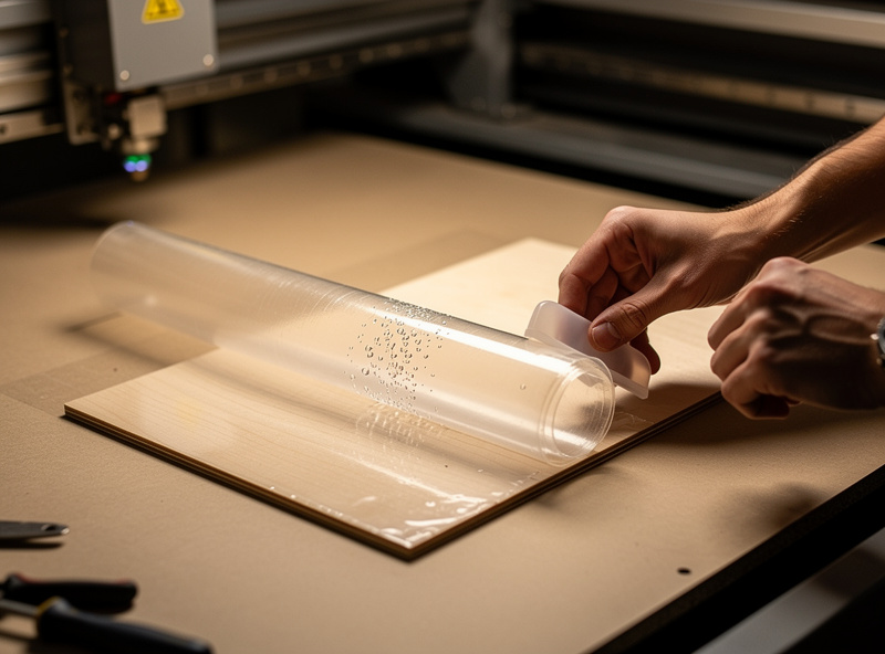 Laser cutter operator applying transfer tape masking to a basswood plaque before engraving with a squeegee for clean smoke-free results