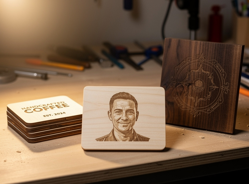 Three finished laser engraved wood items on a workbench: a basswood plaque, a Baltic birch coaster, and a walnut sign showing different wood characteristics and finishes