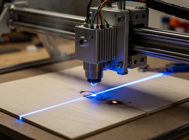 Diode laser with blue 450nm beam cutting wood