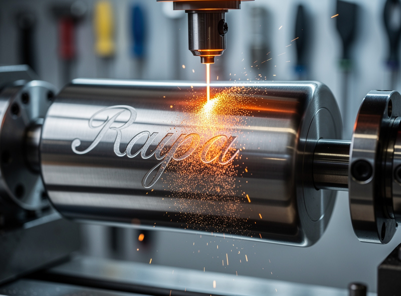 Fiber laser engraver mid operation marking a logo onto a black stainless steel tumbler mounted on a rotary chuck attachment with sparks visible