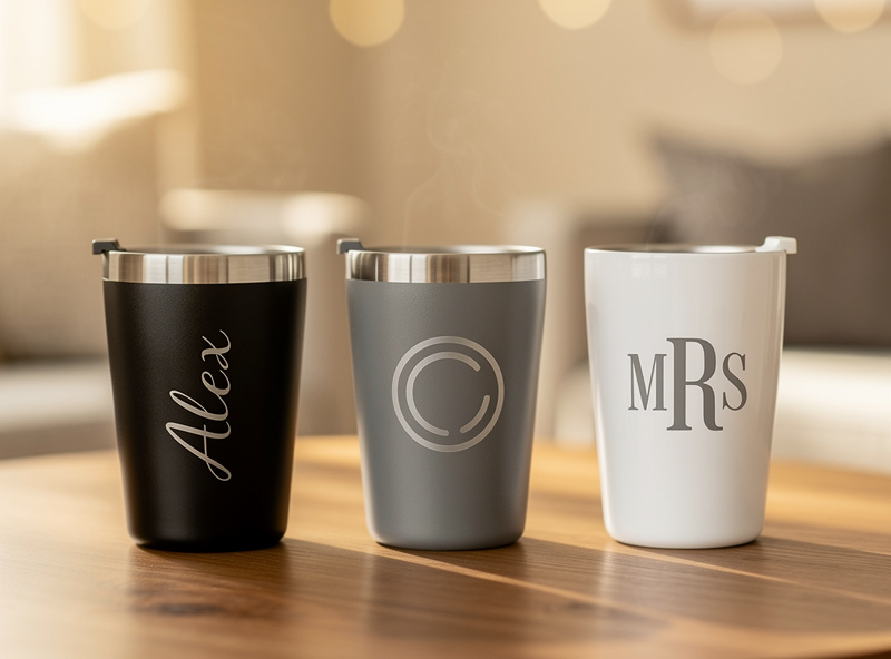 Display of three personalized laser engraved stainless steel tumblers in different colors with custom logos and names on a workbench ready for shipping
