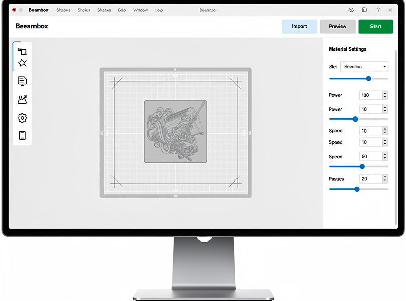 Beambox open-source laser software interface showing engraving job preview