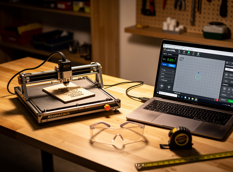 Atomstack budget diode laser engraver running with LaserGRBL on screen