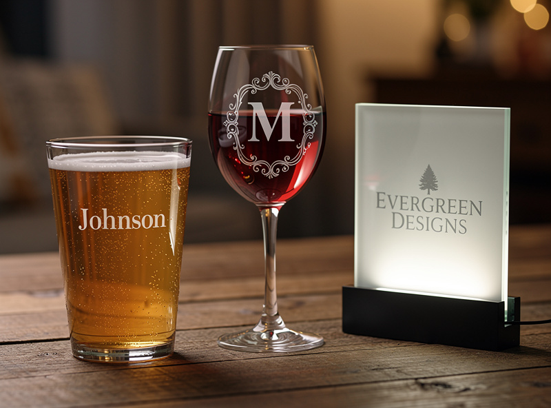 Three finished glass laser engraving products on a wooden display: a personalized pint glass, a wine glass with monogram, and a backlit glass sign with engraved logo