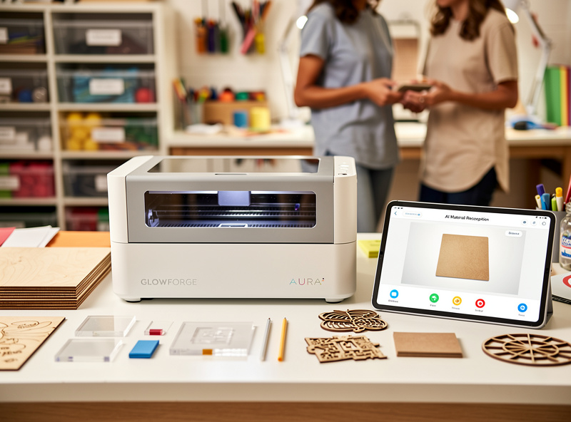 Glowforge Aura compact laser cutter with AI camera UI