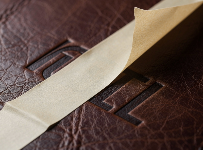 Macro photograph of a freshly laser engraved logo on dark brown vegetable tanned leather showing high contrast and clean edges with masking tape partially peeled back