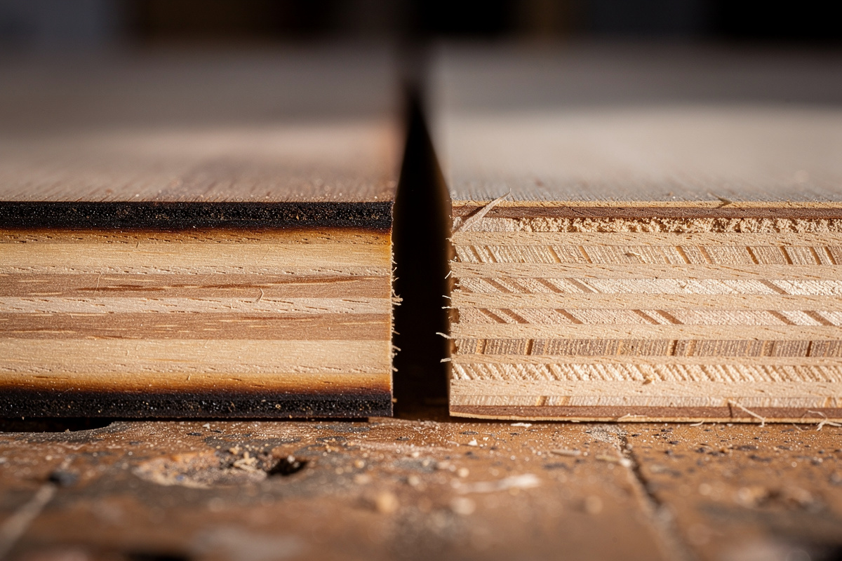 Side by side comparison of laser-cut versus CNC-cut wood edges on Baltic birch plywood