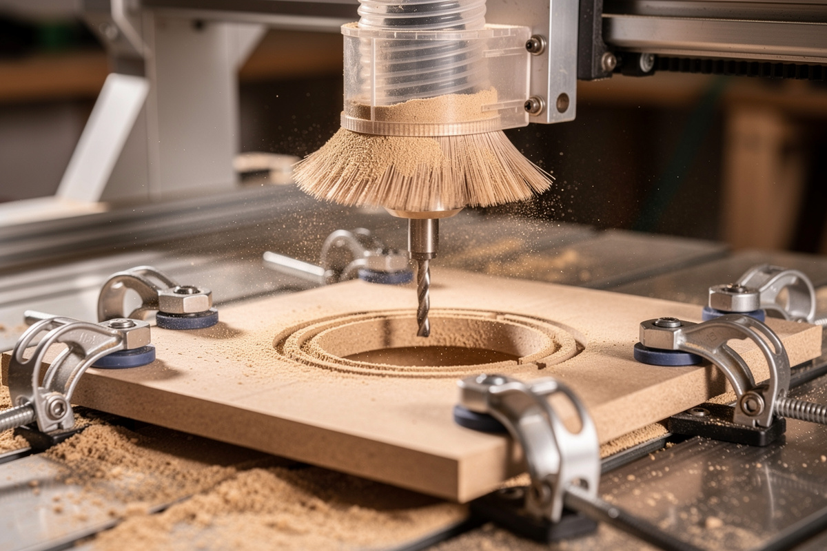CNC router cutting a circular speaker baffle from 3/4 inch MDF with dust capture