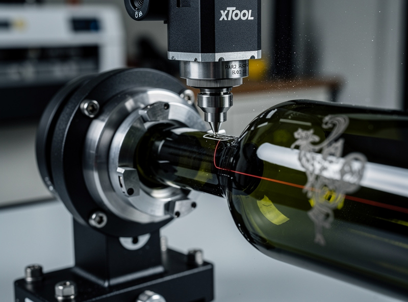 xTool RA2 Pro rotary chuck attachment holding a wine bottle being laser engraved