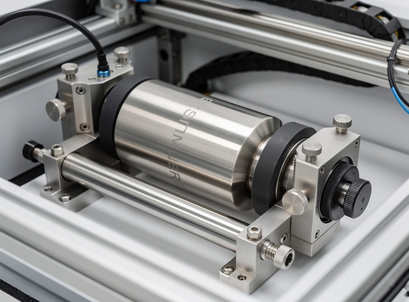 Roller-style rotary attachment with a tumbler positioned for laser engraving with dual rollers visible