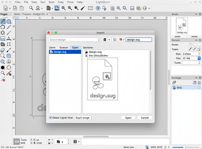 LightBurn import dialog showing SVG file being loaded with vector preview on canvas