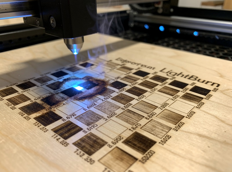 LightBurn power and speed test grid running on plywood with multiple small squares
