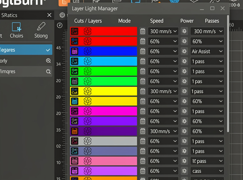 LightBurn software showing color-coded layer manager panel with detailed cut and engrave settings