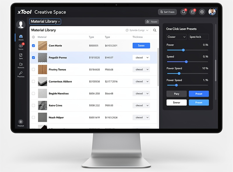 xTool Creative Space material library screen showing curated material list with one-click presets