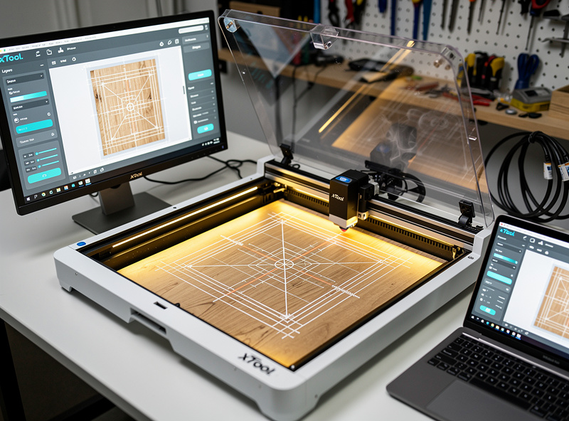 xTool S1 laser engraver running a complex multi-layer job with camera alignment overlay