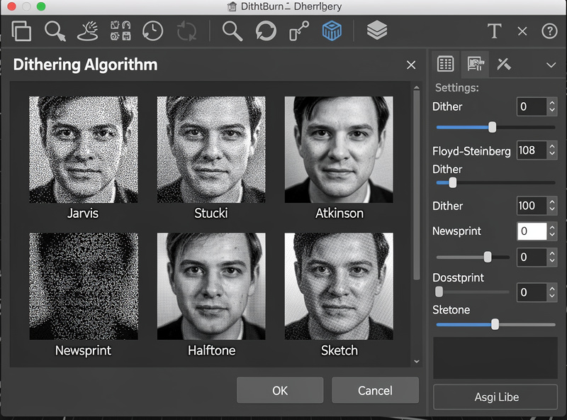 LightBurn dithering algorithm selector showing 8 algorithm previews on the same source photo