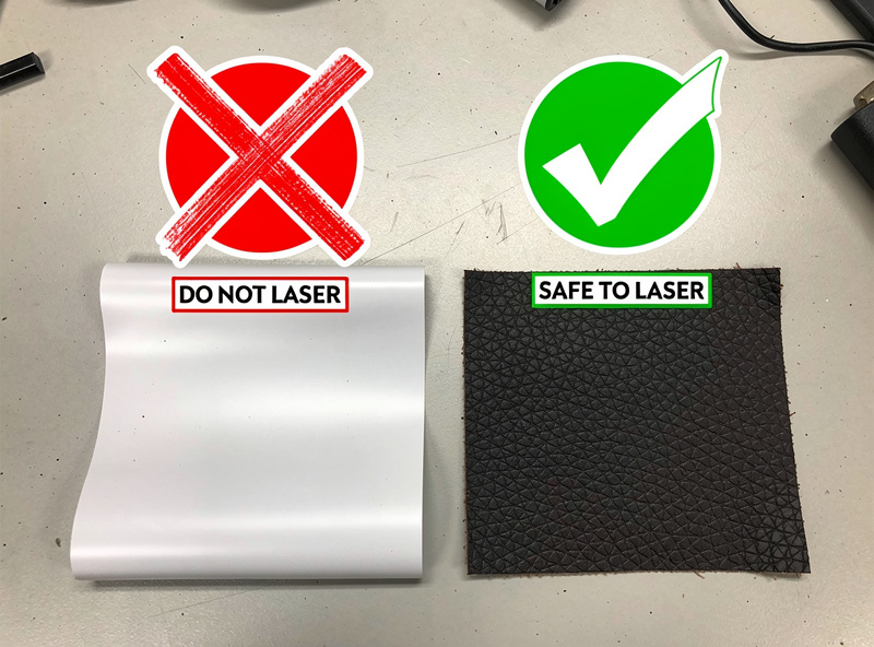 Visual comparison of safe and unsafe laser cutting materials with red warning symbols on PVC vinyl and faux leather samples and green check marks on wood and acrylic samples
