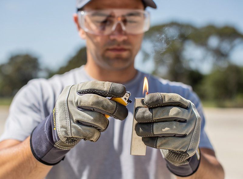 Person performing the burn test on a small material sample using a lighter outdoors to identify whether material contains PVC by checking flame color and smoke smell
