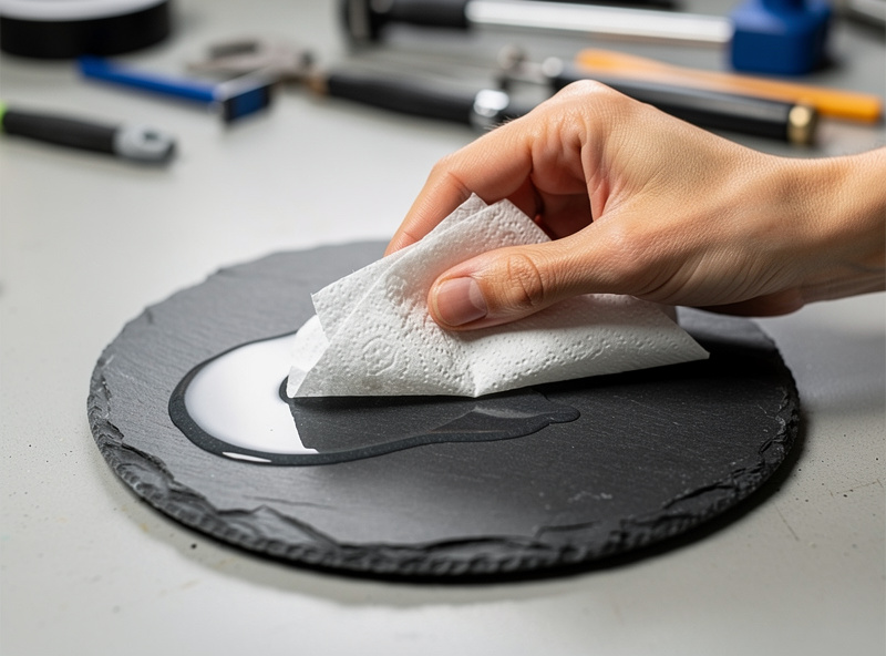 Top down photograph of dish soap being applied with paper towel to a slate coaster surface before laser engraving for smoother results