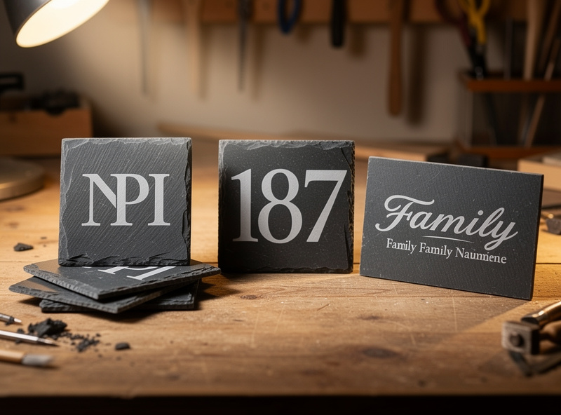 Three finished slate engraving products on a workbench display: a slate coaster set with monograms a house number sign and a family name plaque
