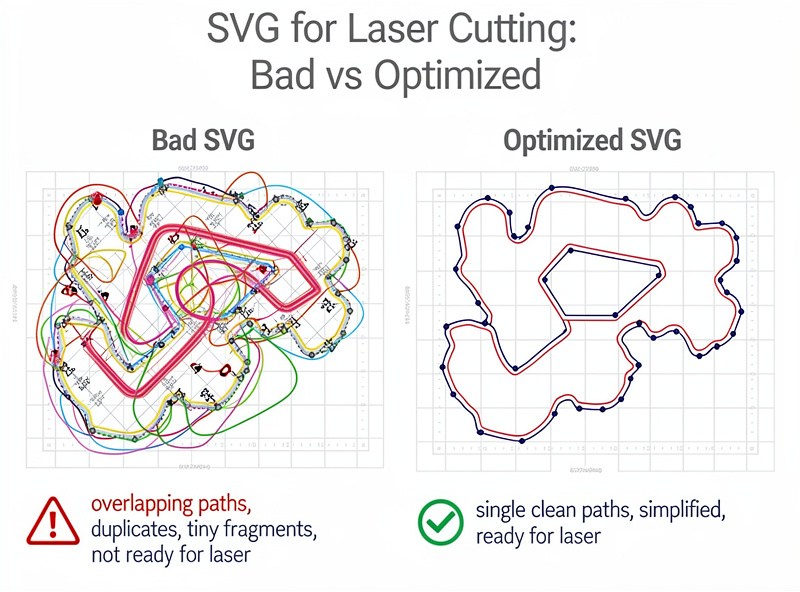Side-by-side comparison of bad SVG with overlapping paths versus clean optimized SVG