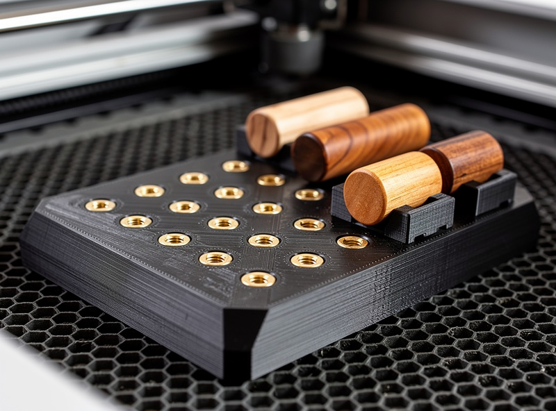 Close-up of a 3D-printed PETG modular jig on a laser cutter bed with base plate and swappable inserts