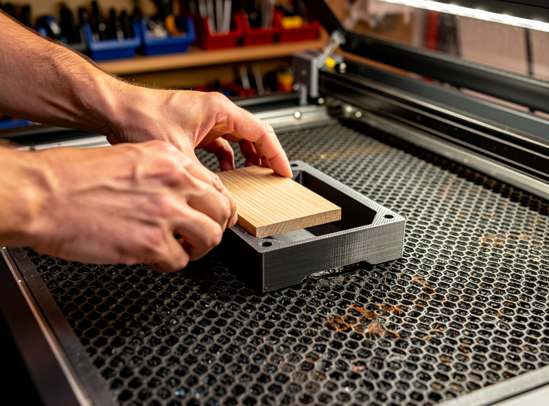 Hands placing a small wooden workpiece into a 3D-printed jig pocket on a laser cutter bed
