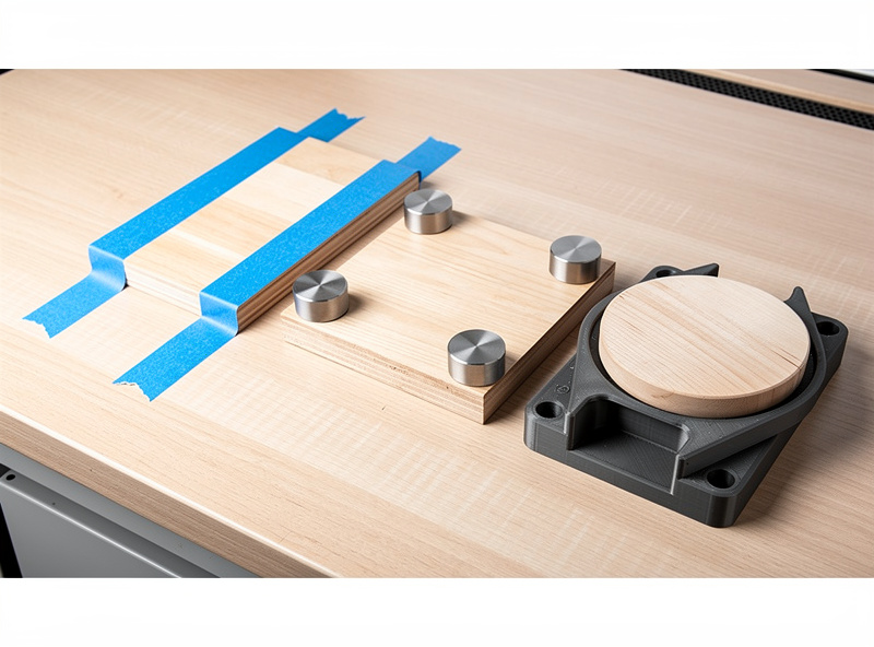 Three different laser holding methods compared: painters tape, magnetic hold-downs, and 3D-printed precision jig