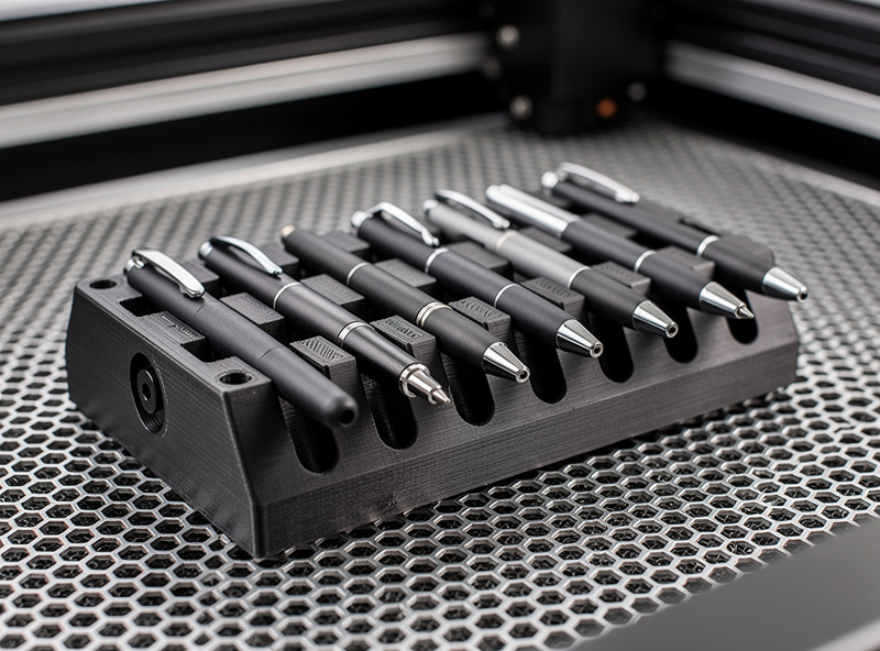 Black 3D-printed pen alignment jig holding multiple pens in precise positions on a laser engraver bed