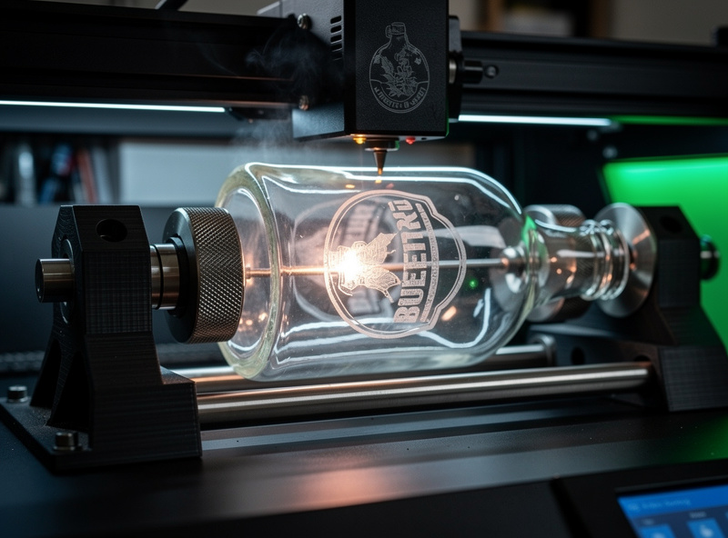 3D-printed rotary chuck adapter holding a glass beer growler under a laser engraver