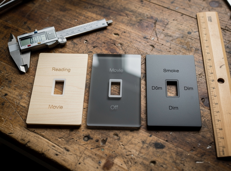 Three laser-engraved wood switch plates on a workbench, each labeled with scene names like Reading, Movie, Dim, and Off, beside a Lutron Caseta smart dimmer in the background