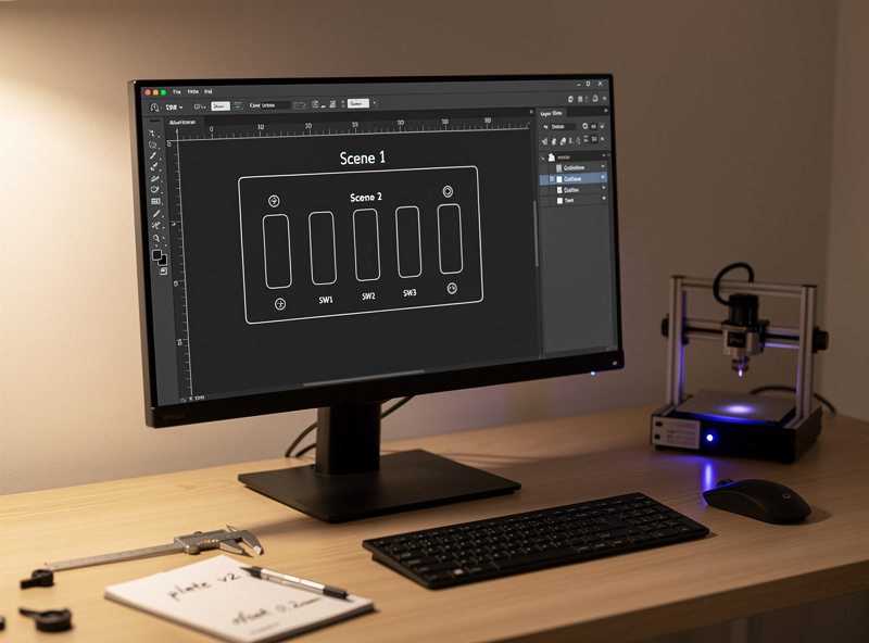 Computer monitor showing a laser engraving software design view with a switch plate template, scene labels in sans-serif typography, and rectangular cutouts for the smart-switch paddles
