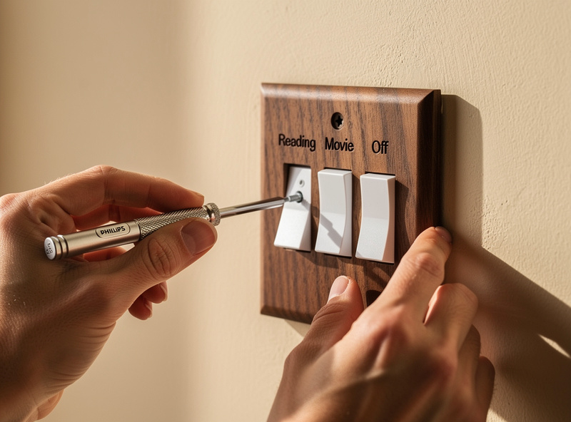 Hand mounting a laser-engraved walnut switch plate onto a wall using the original switch screws and a small phillips screwdriver, plate clearly labeled with the scenes Reading, Movie, and Off