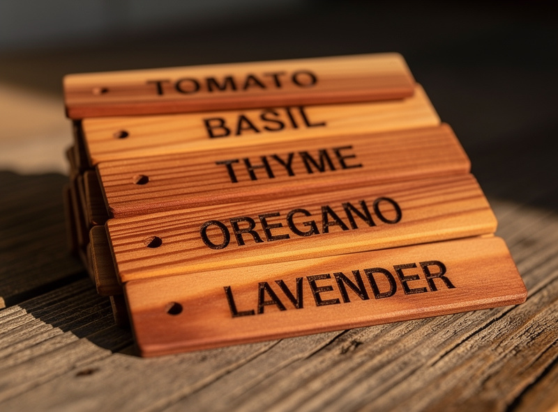 Stack of finished laser-engraved cedar plant tags labeled tomato basil thyme oregano lavender
