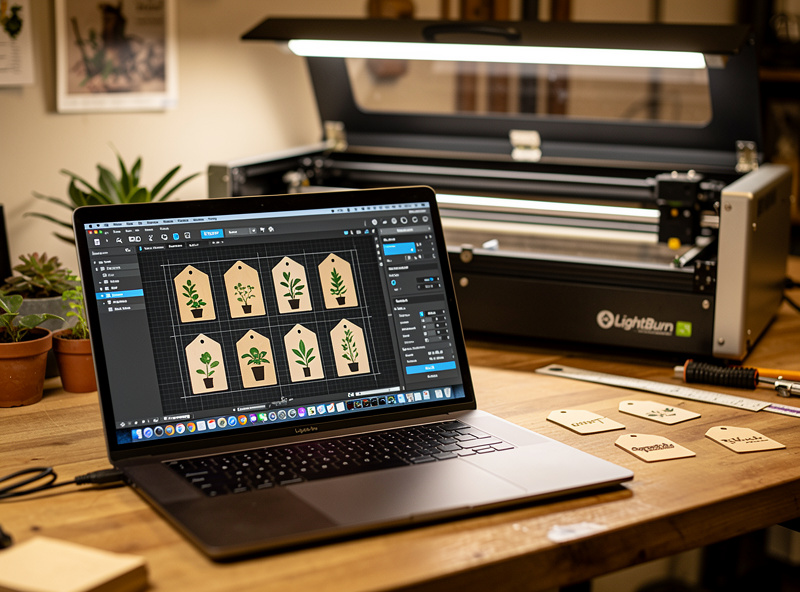 LightBurn software on a laptop showing plant tag designs prepared for engraving