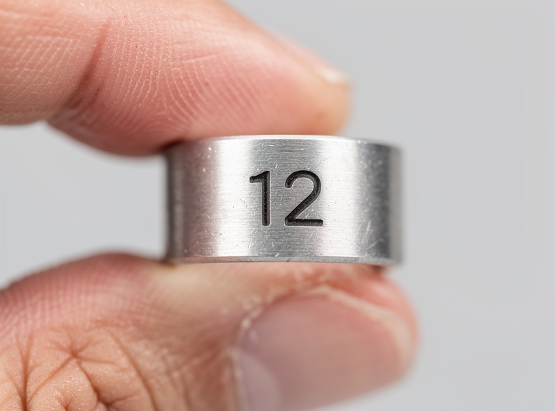 Macro photograph of a small numbered aluminum chicken leg band with crisp laser-engraved digit 12 visible held in fingertips for scale