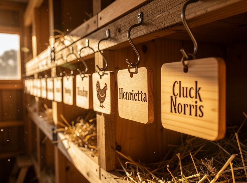 Row of small wooden nest box labels engraved with chicken names hanging beneath wooden nest boxes inside a clean coop with warm afternoon light