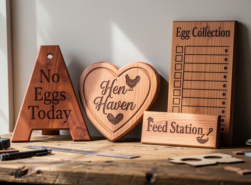 Workbench with four laser-engraved cedar coop signs leaning together No Eggs Today heart-shaped name plate feed station label and egg collection tally board
