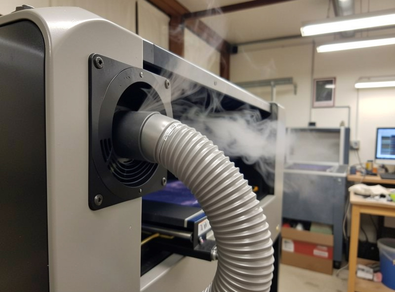 A laser cutter enclosure with a fume extraction duct attached, visible wisps of smoke being drawn from the cutting area through the ducting