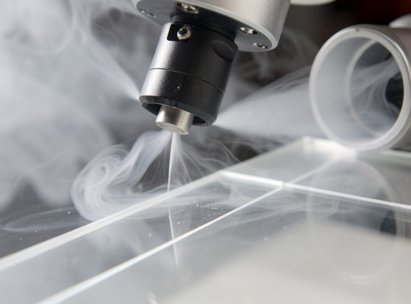 Close-up of a laser nozzle with air assist clearing smoke from a cut line in clear acrylic, fume being drawn away toward an extraction port
