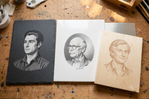 Photo-engraved samples on slate, ceramic tile, anodized aluminum and wood laid out on a bench