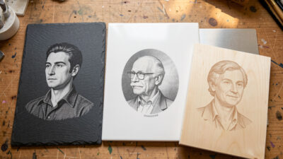 Photo-engraved samples on slate, ceramic tile, anodized aluminum and wood laid out on a bench