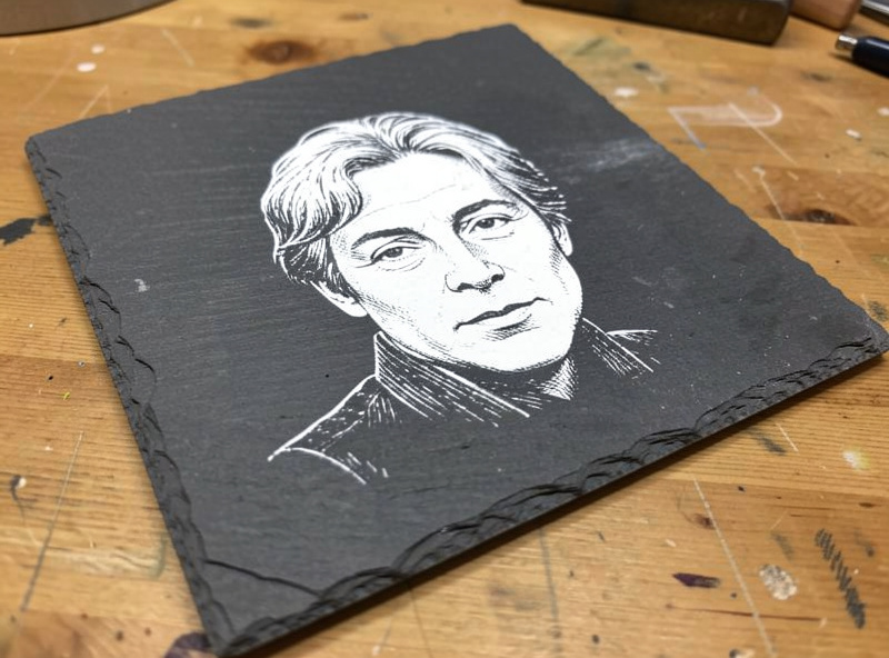 A black-and-white portrait laser engraved into dark grey slate tile with crisp white frosted detail